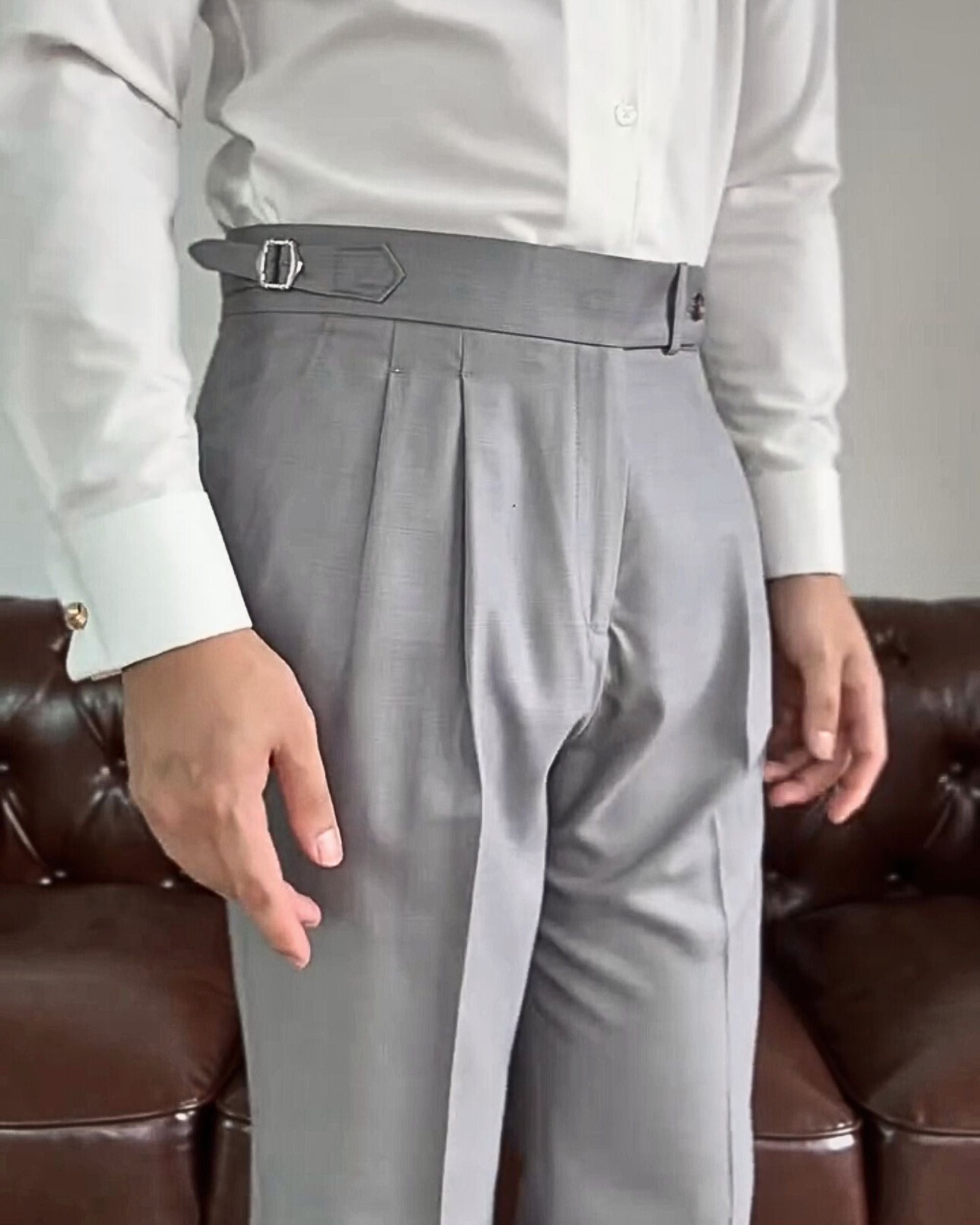 Classic Gray Buckle Formal Gurkha Pants by ARVIANO