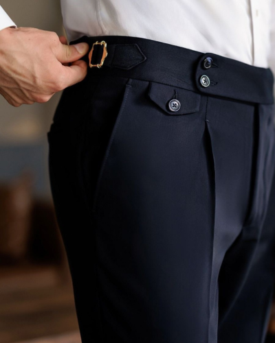 Navy Blue Classic Buckle Formal Gurkha Pants by ARVIANO