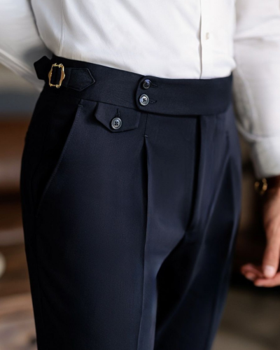 Navy Blue Classic Buckle Formal Gurkha Pants by ARVIANO