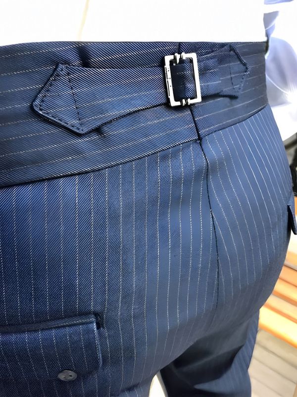 Navy Striped Double Buckle Formal Gurkha Pants by ARVIANO