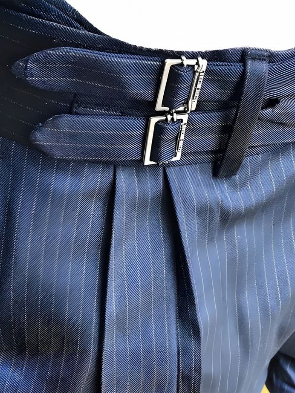 Navy Striped Double Buckle Formal Gurkha Pants by ARVIANO