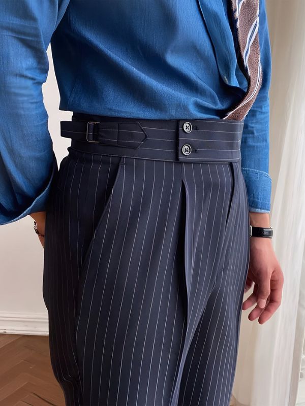 Premium Navy Striped Signature Buttoned Gurkha Pants by ARVIANO