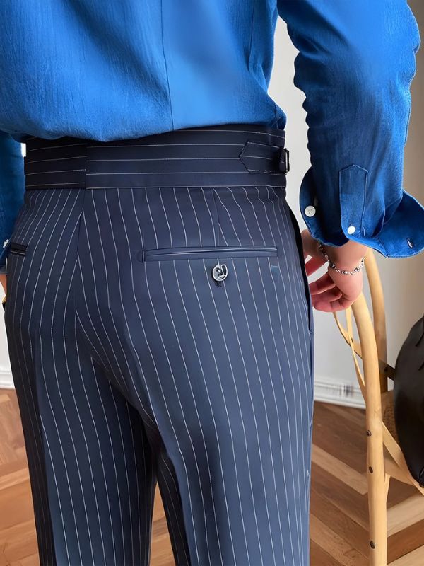 Premium Navy Striped Signature Buttoned Gurkha Pants by ARVIANO