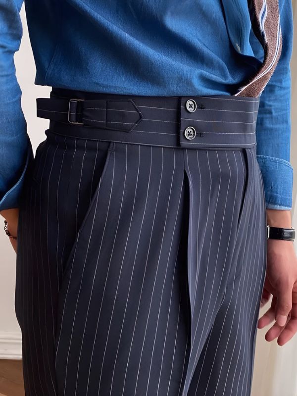 Premium Navy Striped Signature Buttoned Gurkha Pants by ARVIANO