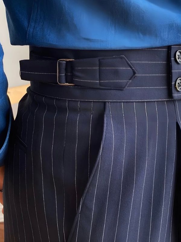 Premium Navy Striped Signature Buttoned Gurkha Pants by ARVIANO