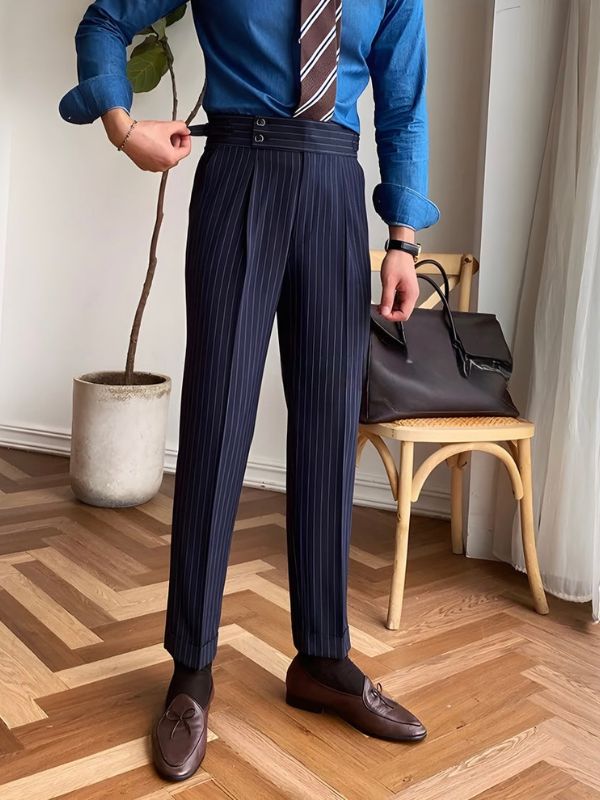 Premium Navy Striped Signature Buttoned Gurkha Pants by ARVIANO
