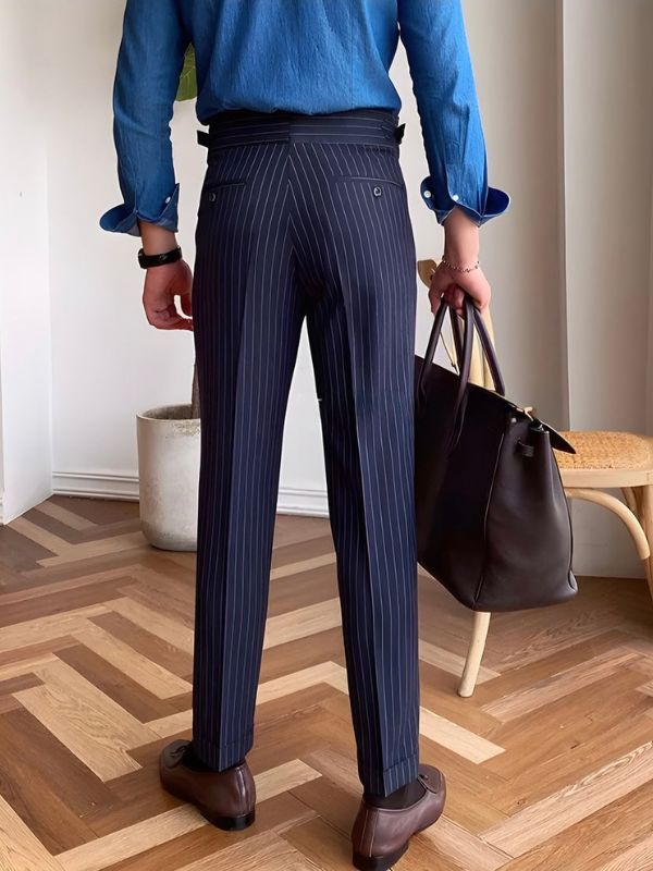 Premium Navy Striped Signature Buttoned Gurkha Pants by ARVIANO